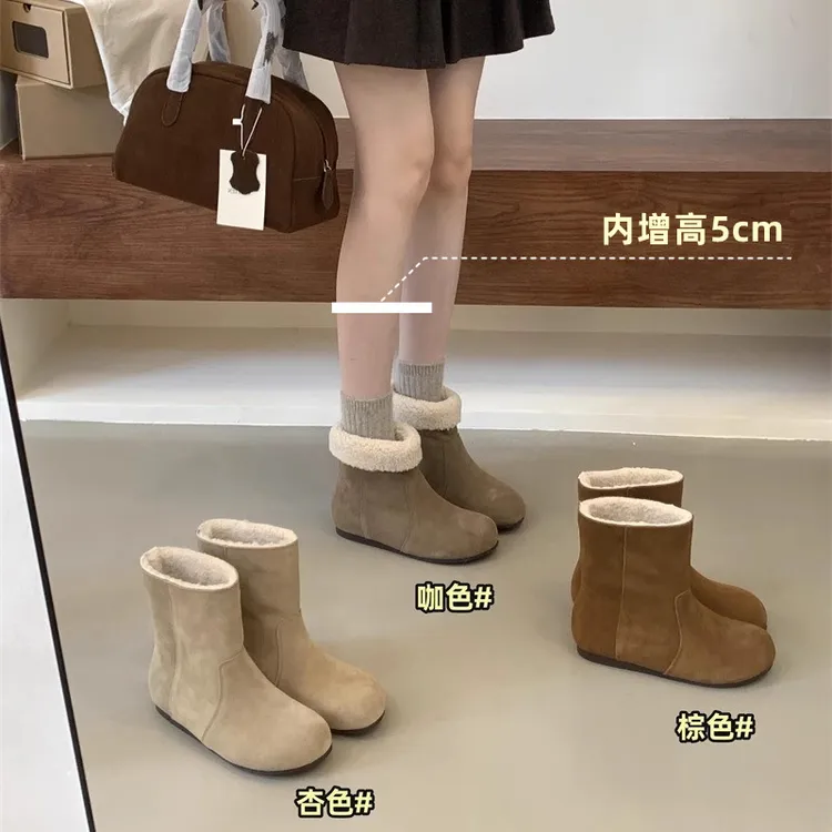 棉鞋女2025年冬季森系复古磨砂真皮丑萌圆头加绒保暖毛毛靴雪地靴