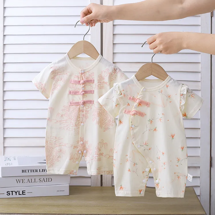 婴儿连体衣纯棉夏款宝宝短袖哈衣幼儿打底爬服中国风薄款洋气女宝