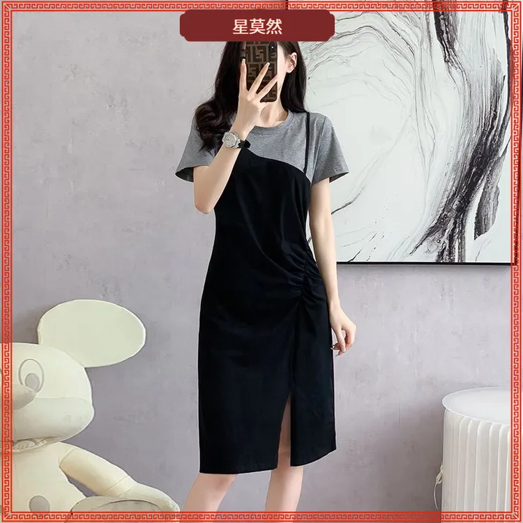 I假两件洋气减龄连衣裙女夏季新款气质开叉显瘦中长款短袖恤裙II