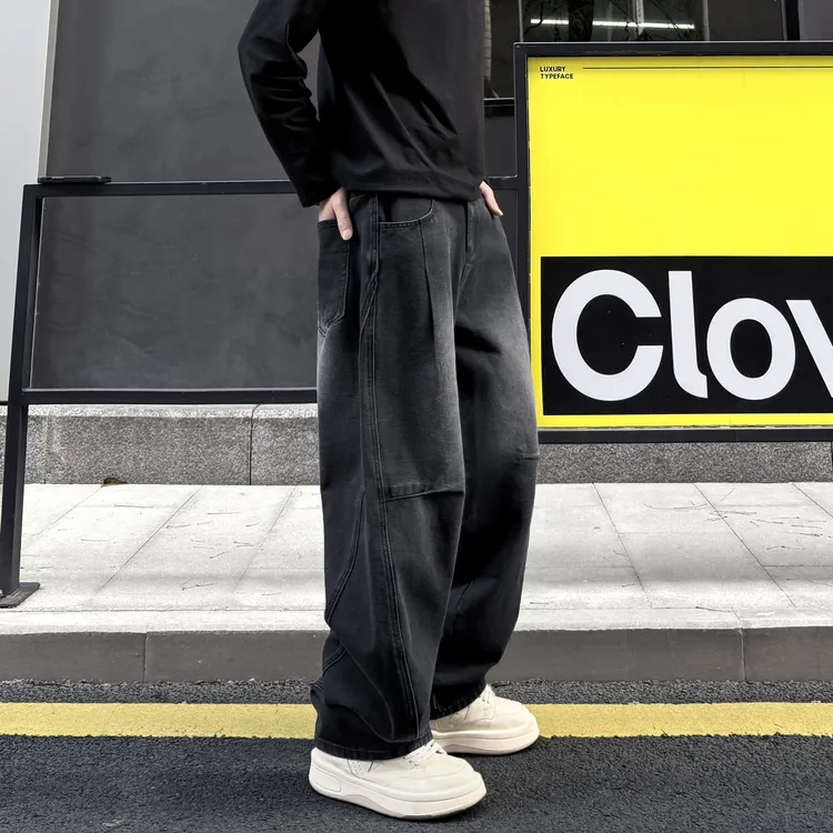 QUALCOMM美式解构牛仔裤男士秋冬季2025新款宽松直筒阔腿休闲裤子