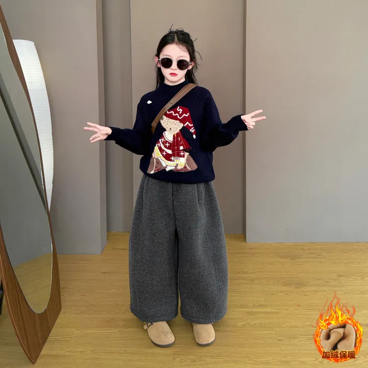 女童2025新款洋气百搭秋冬季韩系甜美毛衣加绒阔腿九分裤套装新品