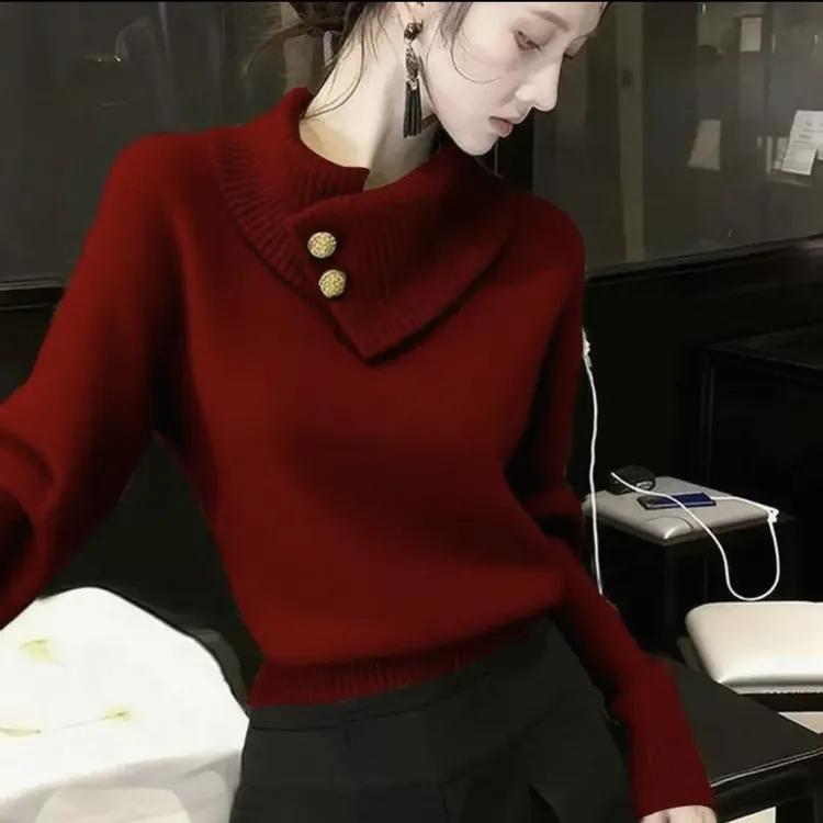 超级好看韩系慵懒风高领长袖毛衣女秋冬季新款保暖针织衫休闲上衣