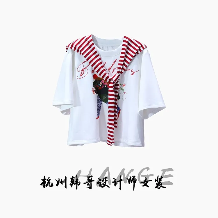 【韩哥女装】2025欧版小众设计象牙白印花条纹披肩休闲重工短袖8351