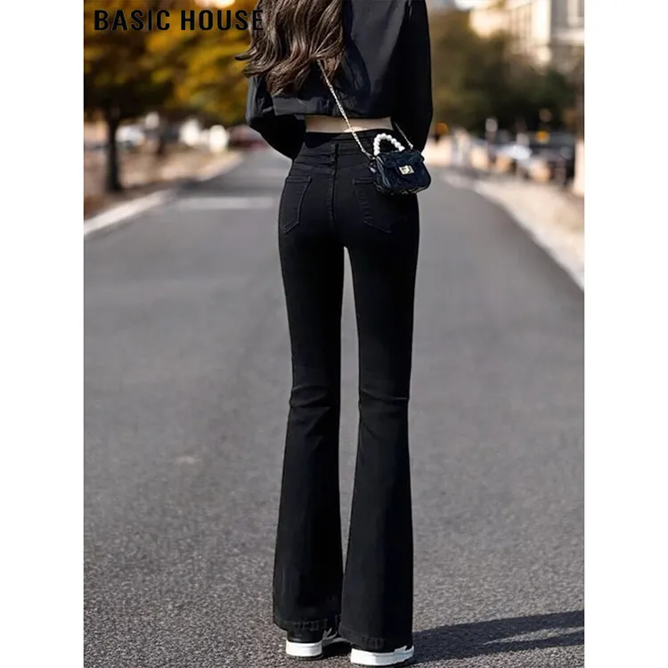 Basic House/百家好黑色微喇牛仔裤女早秋弹力修身高腰九分马蹄裤
