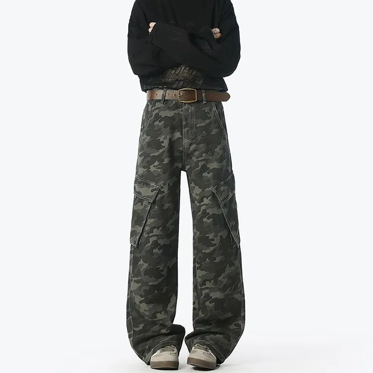 迷彩直筒休闲裤男士垂感裤子多口袋春夏山本风韩系春秋美式高腰