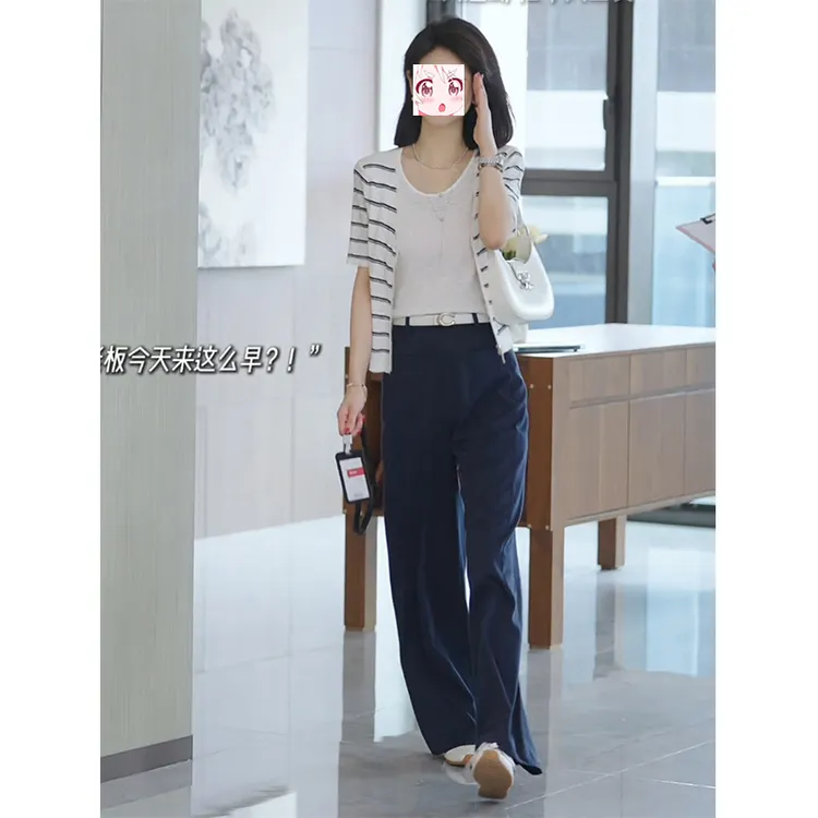假两件条纹短袖针织衫高腰直筒西装裤子轻职风显瘦夏季两件套装女