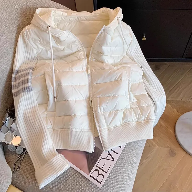 拼接针织抽绳连帽棉服女2025今年秋冬新款百搭轻薄夹棉保暖外套