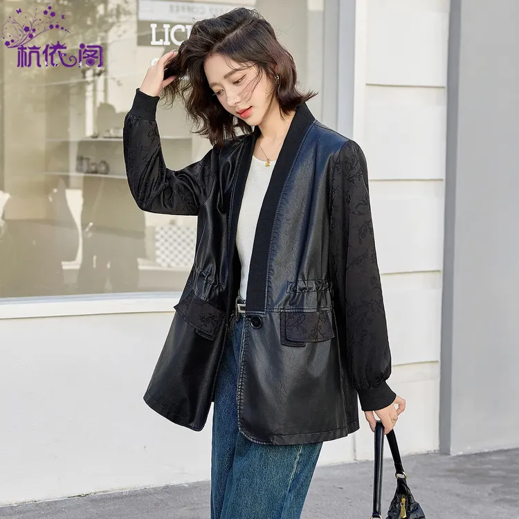 杭依阁PU皮拼接外套女2025秋季新款韩系休闲收腰洋气减龄皮衣夹克