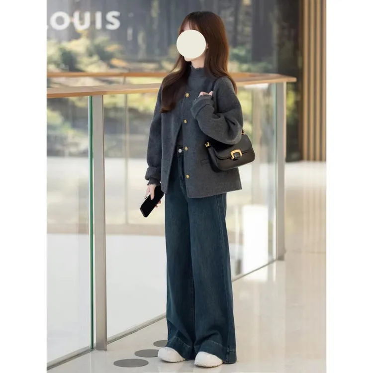 小香风灰色毛呢外套女秋冬英伦风感韩系百搭覆古小个子气质短外套