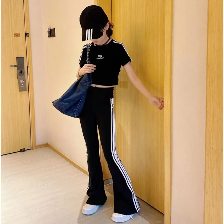 女童夏装2025夏季新款中大童阔腿洋气修身弹力儿童喇叭裤休闲套装