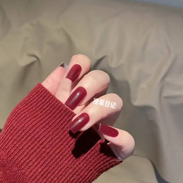 热颂红复古棕红玫红裸色绿色蓝色直方穿戴式美甲10片装