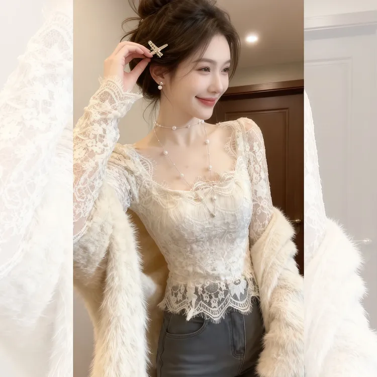 纯欲辣妹方领蕾丝打底衫女秋冬2025高级内搭外穿修身显瘦长袖上衣