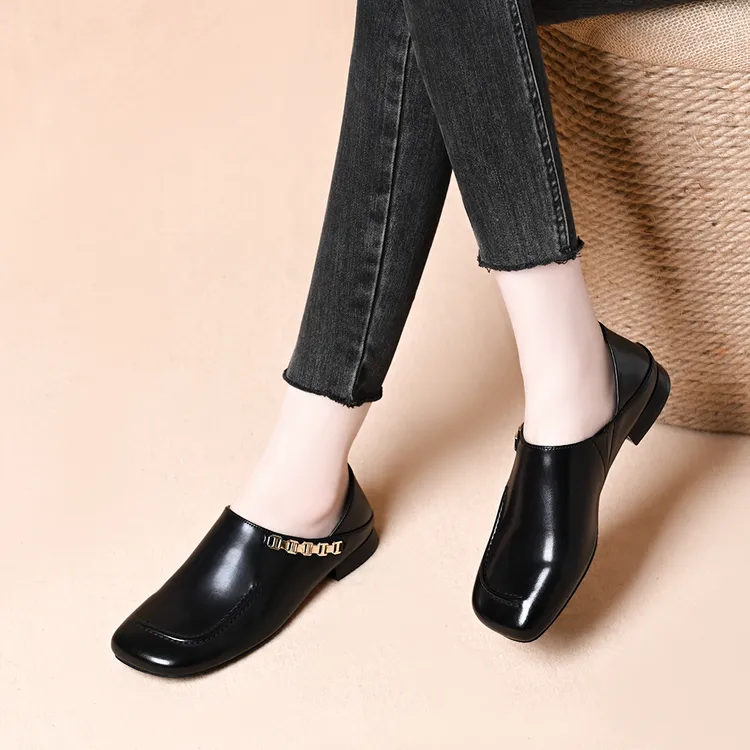 春秋深口舒适方头金属链条低跟一脚蹬懒人休闲百搭粗跟深口女单鞋