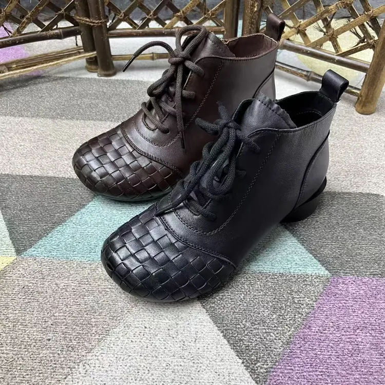 25918-5秋冬季新款复古圆手工编织牛皮中跟侧拉链女士短靴
