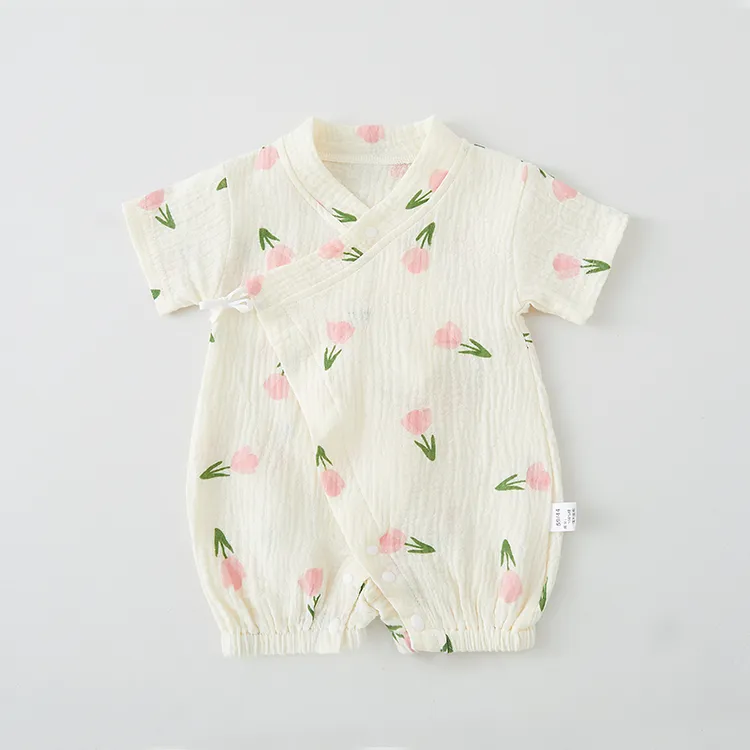婴儿连体衣夏季宝宝纯棉纱布和尚服哈衣薄款透气斜襟系带外出爬服
