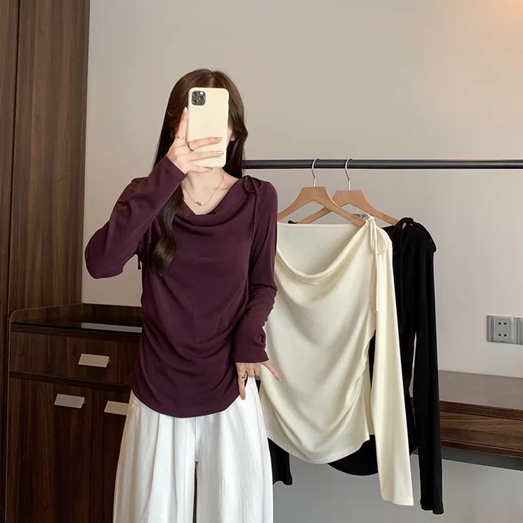 2025秋装新款胖mm大码女甜美纯欲荡领绑带修身显瘦长袖上衣