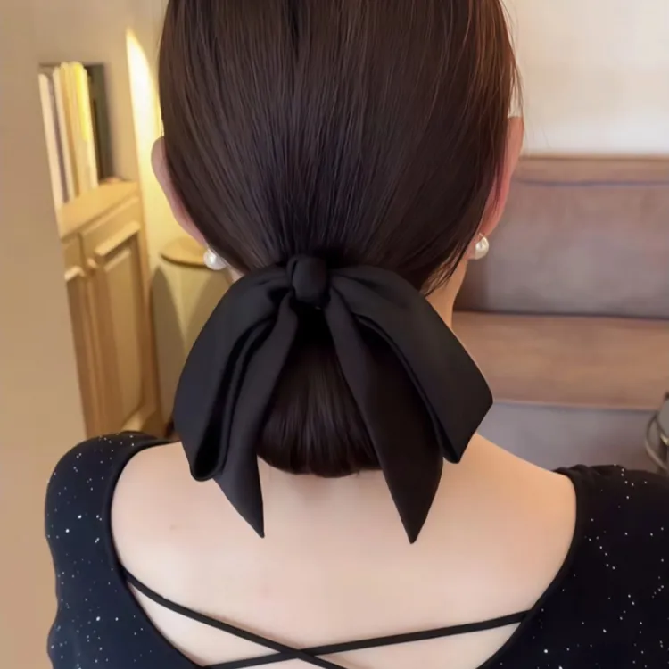 气质低丸子头黑色缎面蝴蝶结弹簧夹头饰2025新款后脑勺马尾发夹女