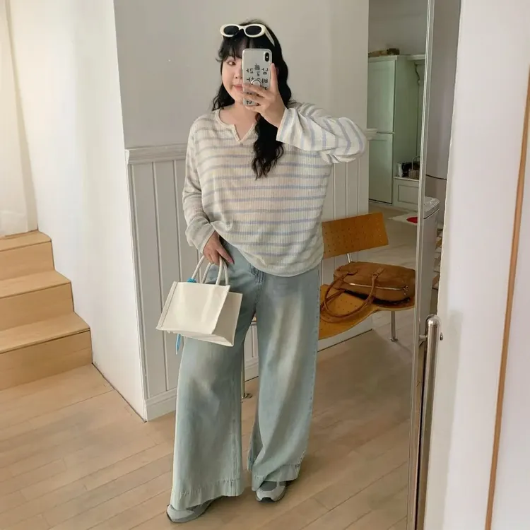 【陈鱼白】韩系阔腿蓝色牛仔裤高腰宽松直筒显瘦九分大码休闲水洗长