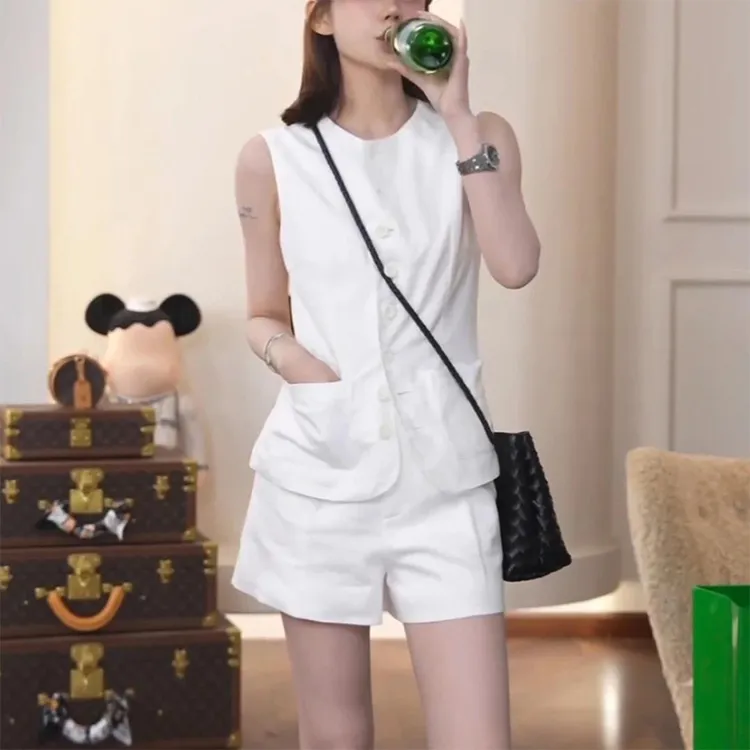 老钱风修身法式小香风无袖马甲套装女夏季薄款气质纯色短裤两件套