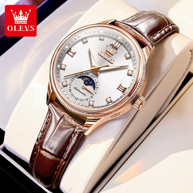 瑞士欧利时女士镶钻防水全自动手表女生星辰机械表ins风皮带腕表