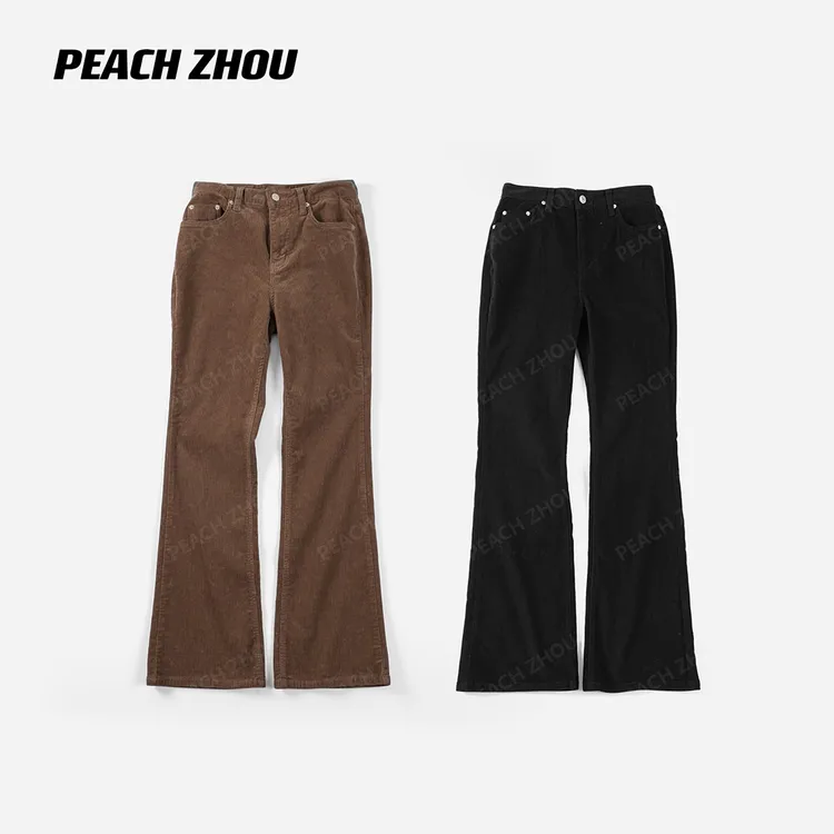 『PEACHZHOU』灯芯绒微喇修身显瘦直筒系扣休闲裤通勤气质百搭长裤