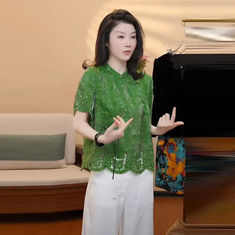 气质重工镂空勾花绿色T恤2025夏季新款韩系高级感国风小众上衣