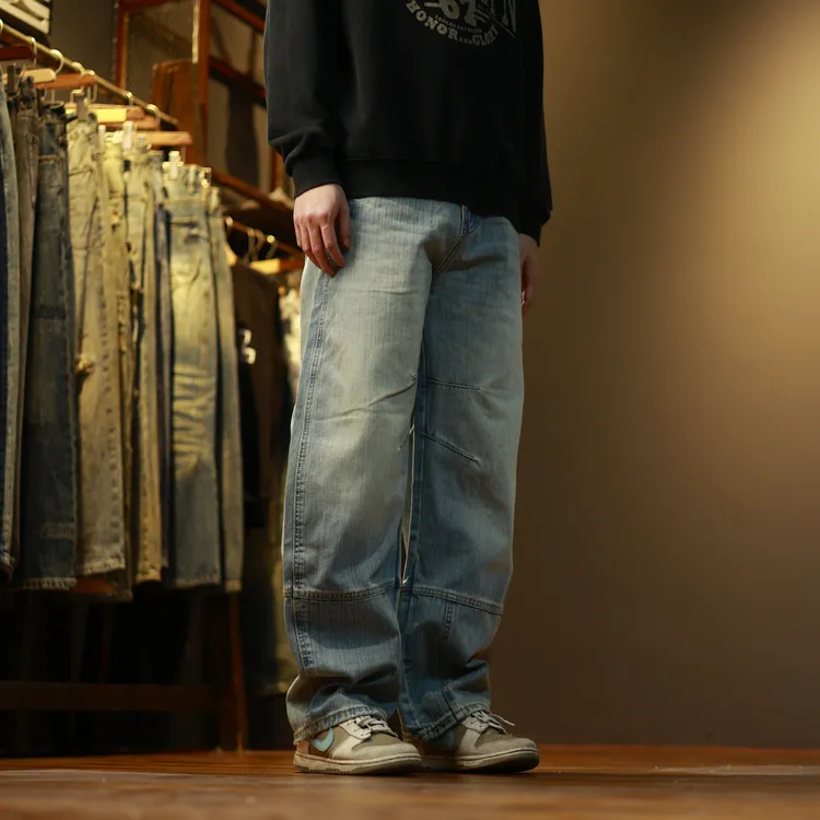 509宽松水洗复古潮流拼接休闲百搭男士弯刀牛仔裤