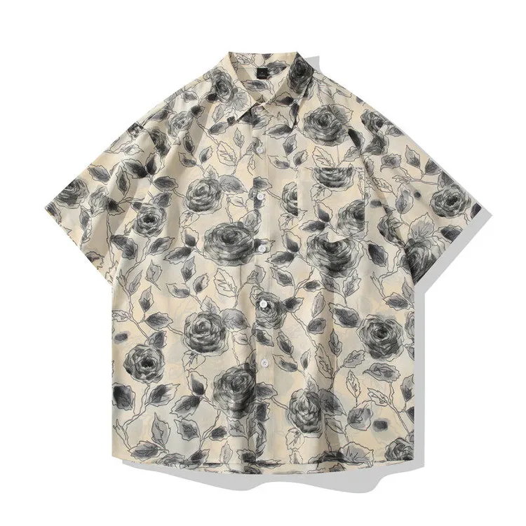 国风水墨晕染冰丝凉感衬衫男短袖港风潮流痞帅花朵五分袖印花衬衣