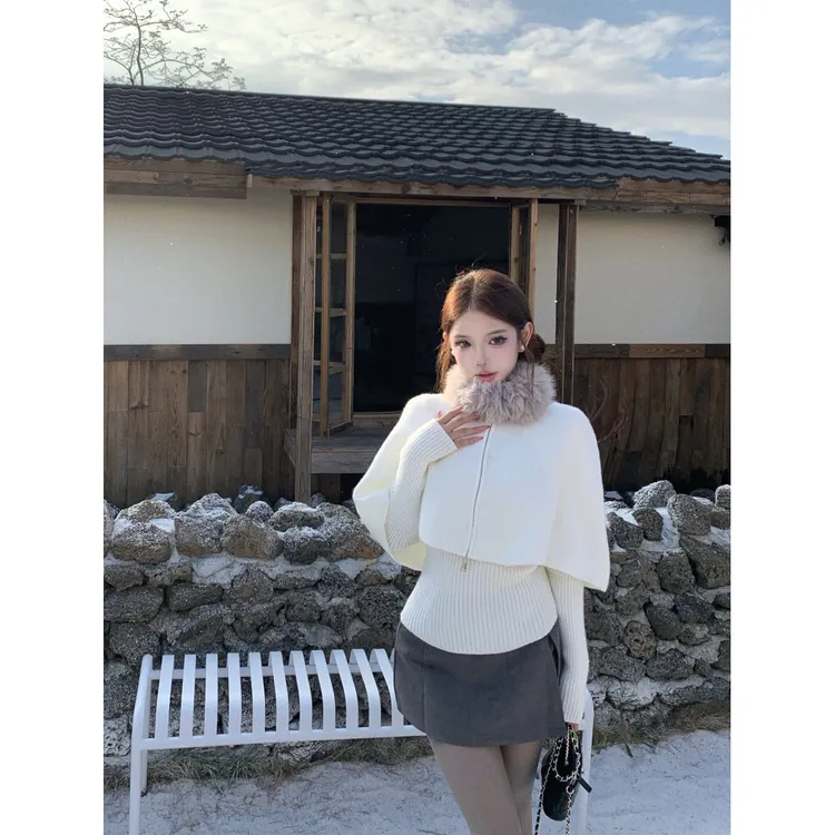 QYao Girls双拉链可拆毛领斗篷披肩女秋冬套装针织衫上衣三件套