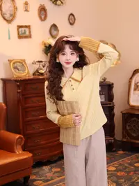 温舒敏【流动光芒】港风复古磨毛条纹拼色T恤翻领打底衫MK0726445