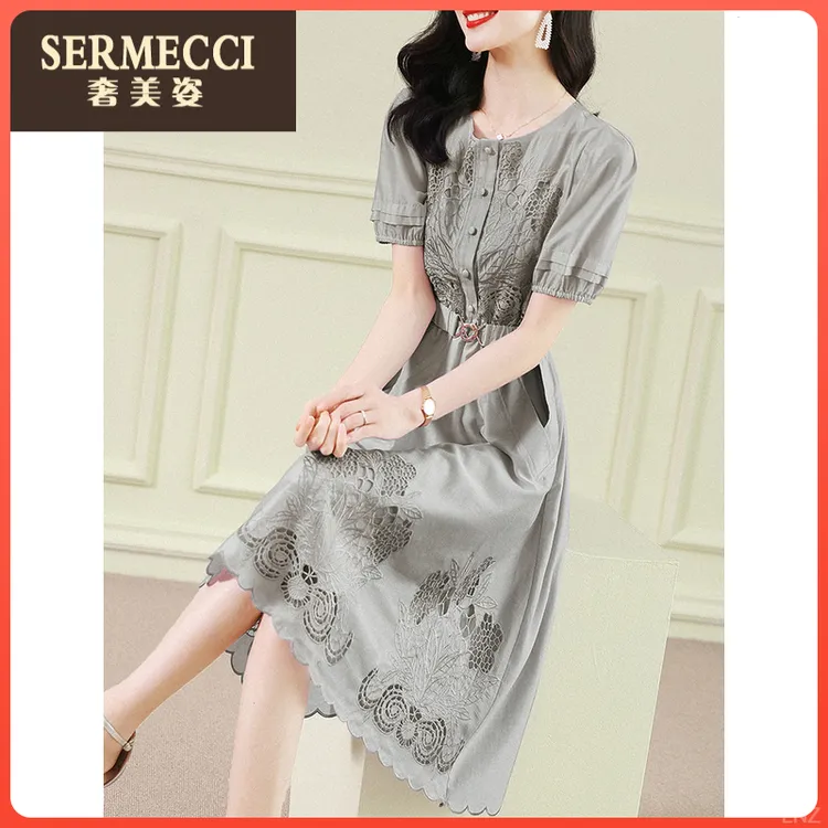 灰色法式小个子奢美姿2025夏季新款茶歇名媛风镂空收腰短袖连衣裙
