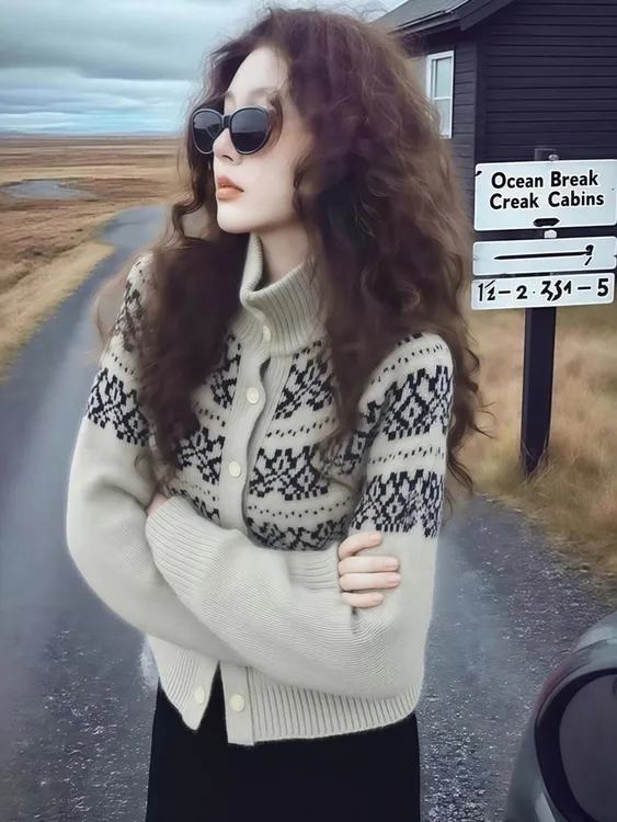 法式复古灰色高领费尔岛提花针织开衫外套毛衣女冬季加厚慵懒上衣