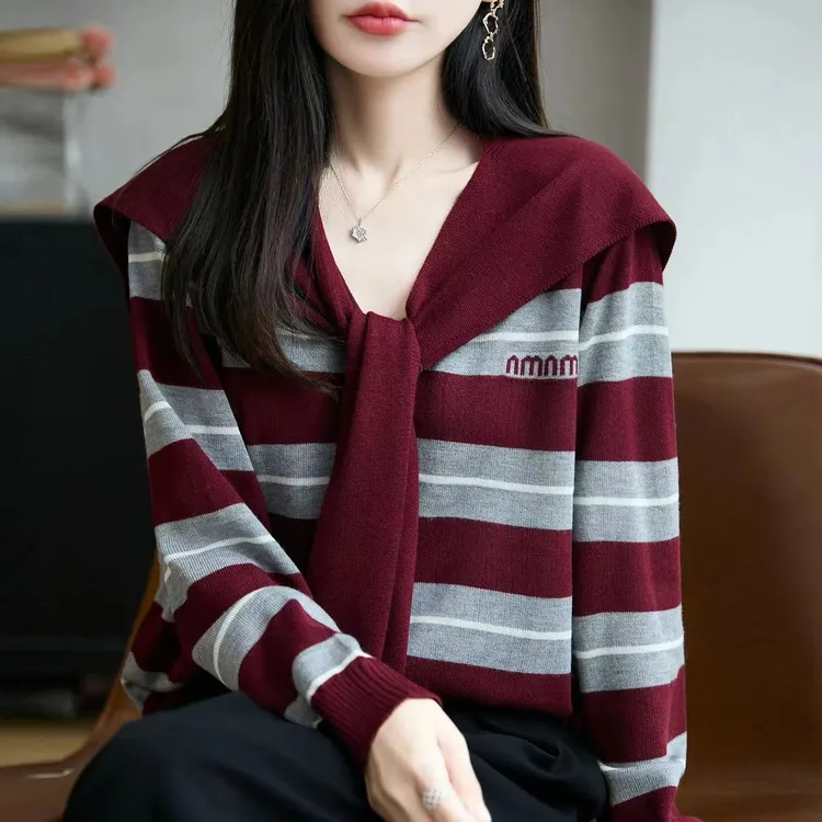 衣念染染❤️ 潮流撞色百搭条纹洋气开衫宽松披肩款毛衣针织两件套