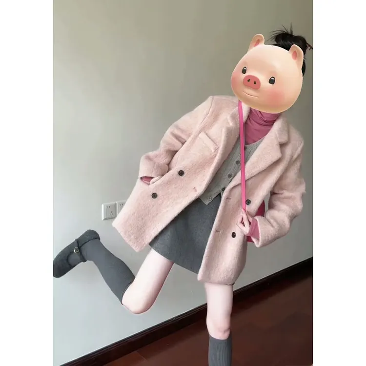 2025秋季新款女韩系穿搭宽松翻领毛呢外套毛衣马甲背心高腰半身裙