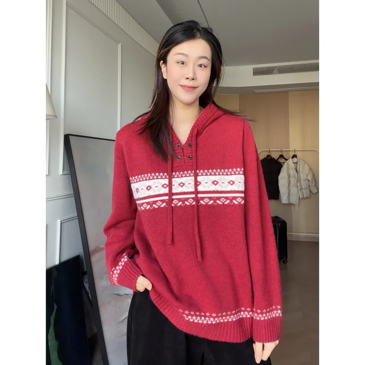 NANA秋冬厚款费尔岛连帽毛衣女宽松保暖百搭有氛围感C0668