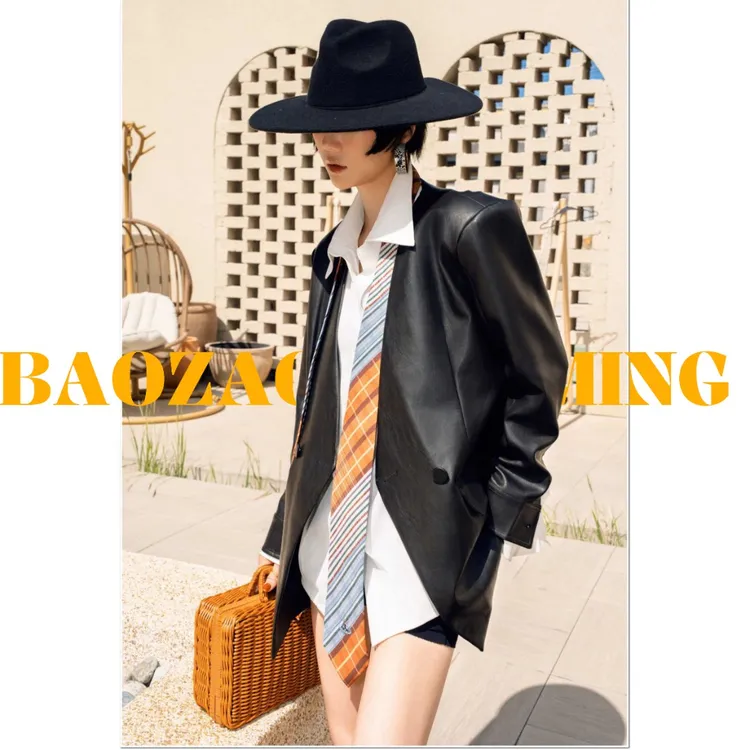 暴躁小明  美拉德设计感V领宽松大版PU皮衣一粒扣西装外套/LC030
