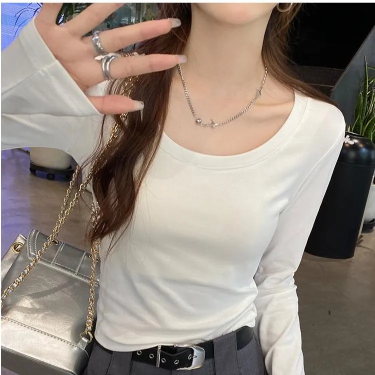 白色正肩打底衫女春秋款叠穿西装内搭U领长袖T恤纯棉上衣低领修身