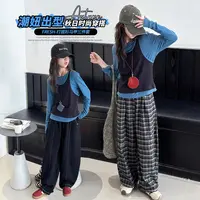 女童秋装新款背心格子裤马甲三件套中大童韩系潮流时髦休闲套装潮