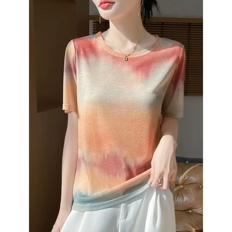 渐变色圆领t恤女款国风水墨画显瘦百搭洋气宽松印花薄款针织短袖