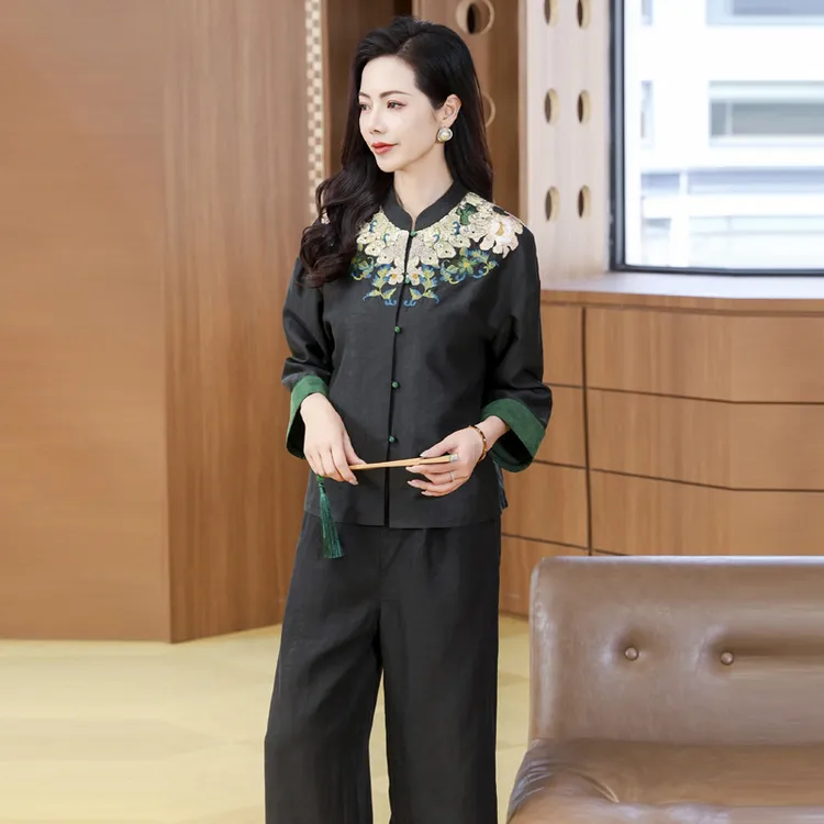 龟纹香云纱新中式古典风刺绣2025夏季松紧腰阔腿裤桑蚕丝两件套装