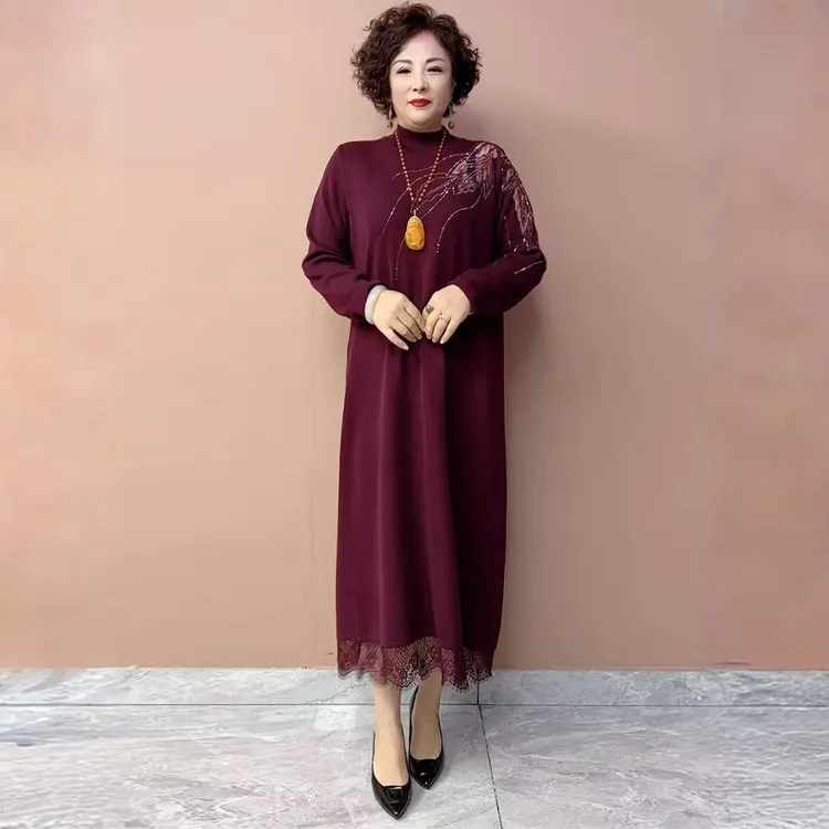 90145半高领针织连衣裙女秋冬内搭气质修身显瘦镂空中长款毛衣裙