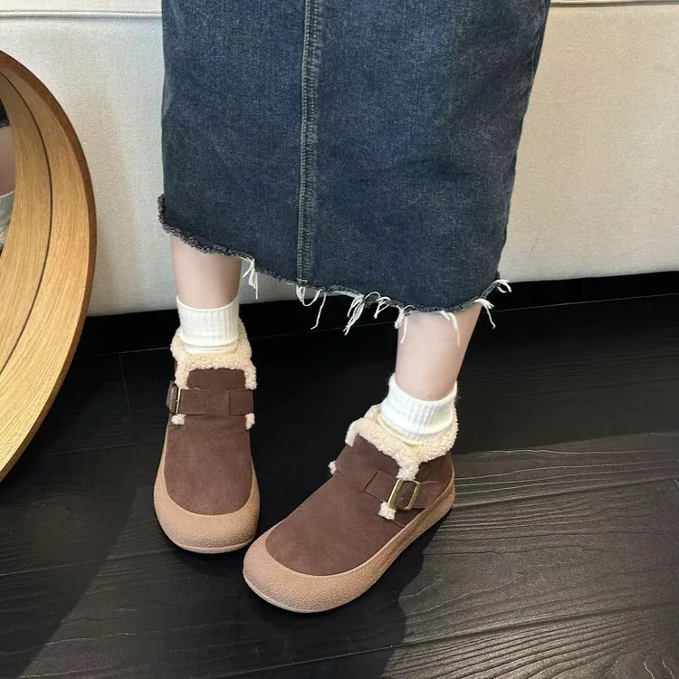 真皮勃肯羊羔毛套筒雪地靴女款2025复古平底保暖冬季加绒高帮棉鞋
