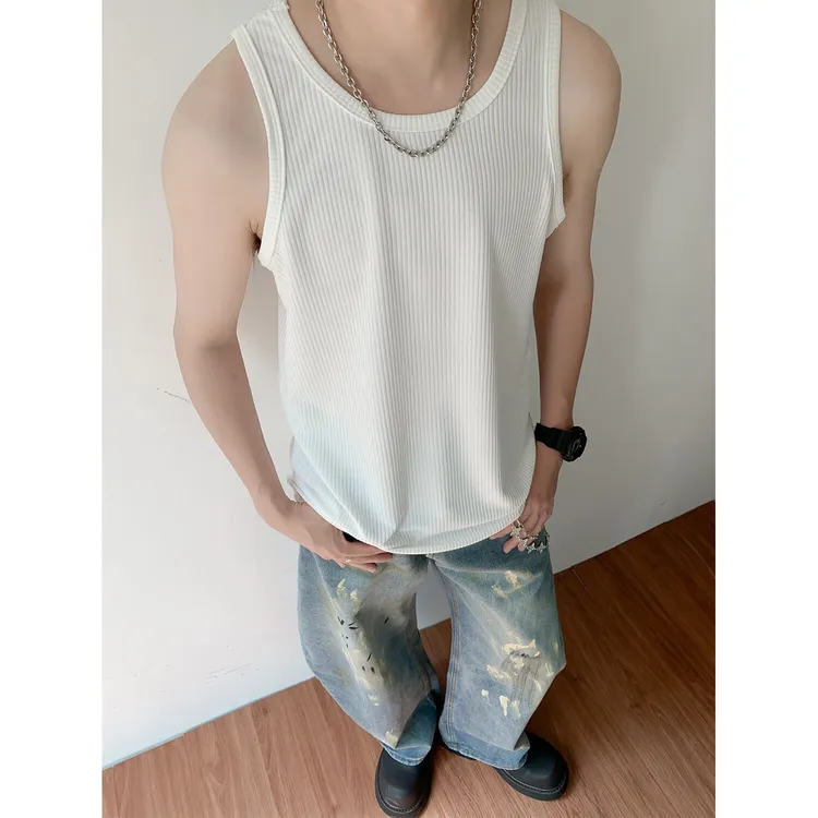 白色粗螺纹坎肩背心男款夏季修身显肌肉无袖T恤美式健身运动汗衫