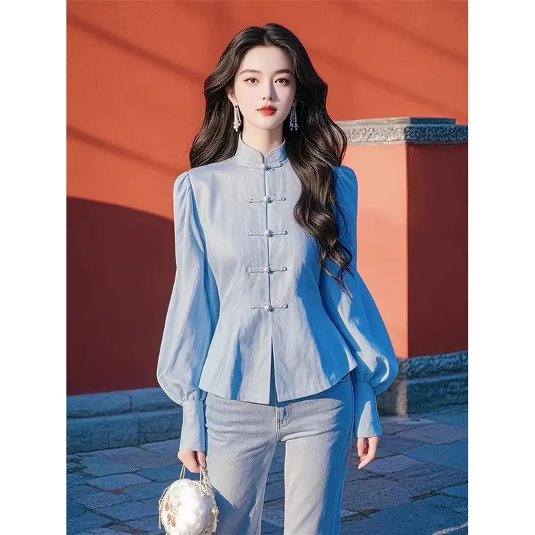 新中式蓝色衬衫高级感轻奢减龄洋气超好看独特漂亮国风衬衣2025春