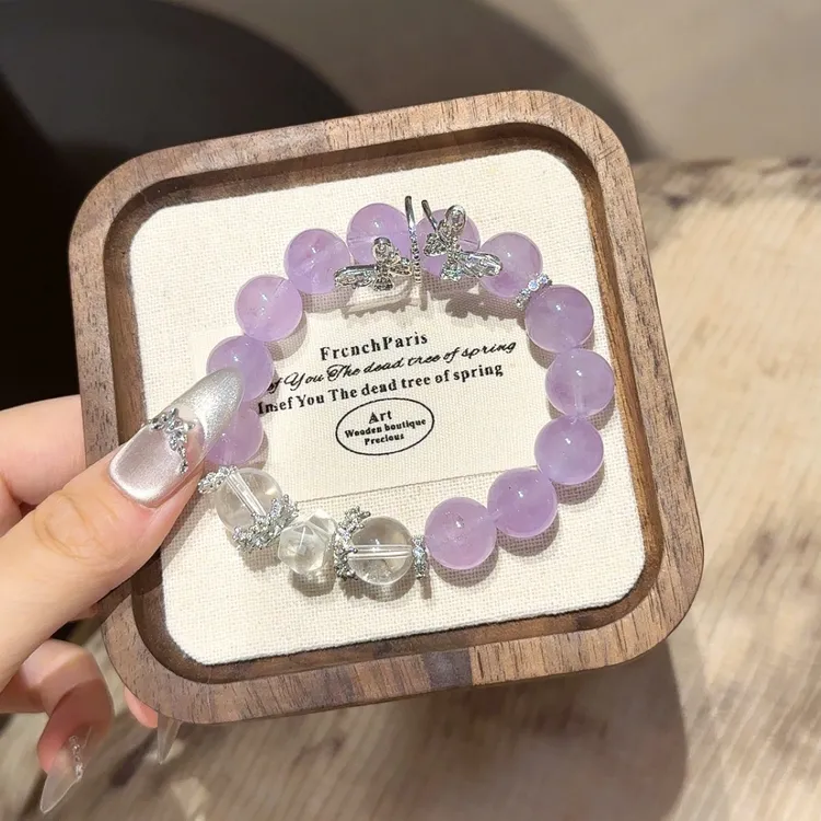 薰衣草紫水晶白水晶双尖蝴蝶手串