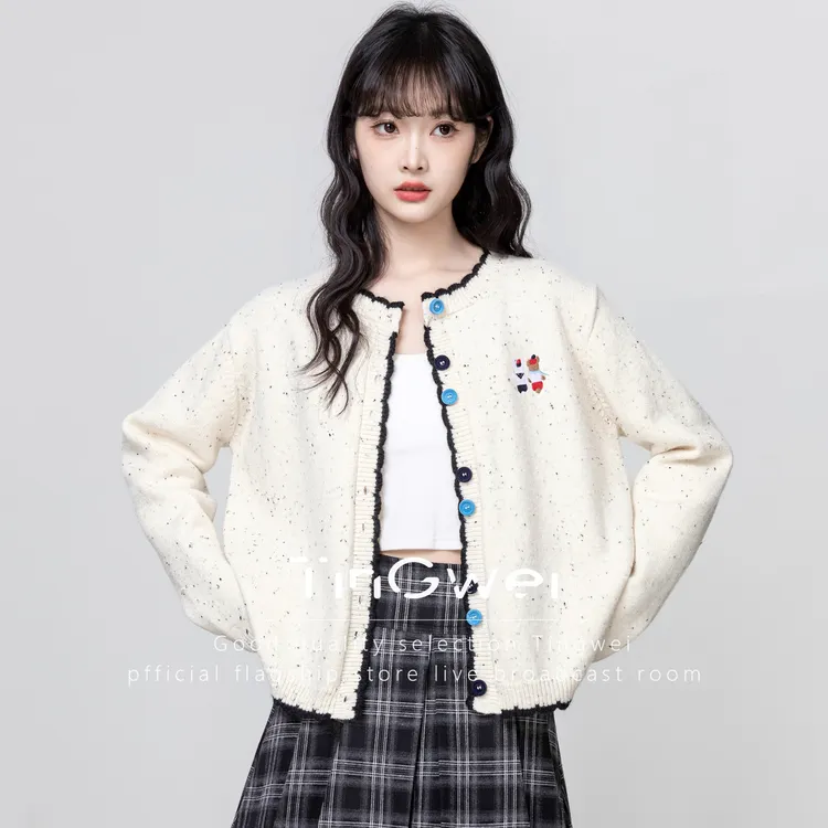 撞色圆领针织开衫女2025春秋新款设计感卡通刺绣毛衣外套短款上衣