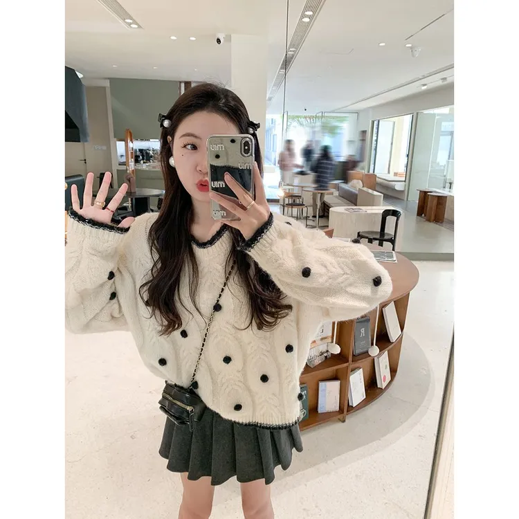 波点复古圆领麻花毛衣女2025新款秋冬软糯慵懒小个子复古针织衫女