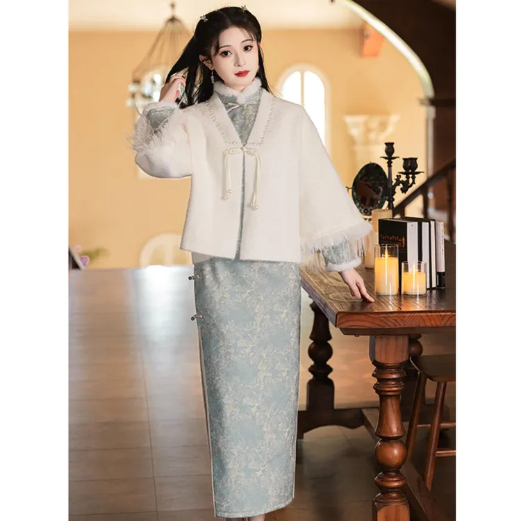 旗袍披肩外搭外套秋冬季2025新款气质高级感水貂绒高端中国风白色
