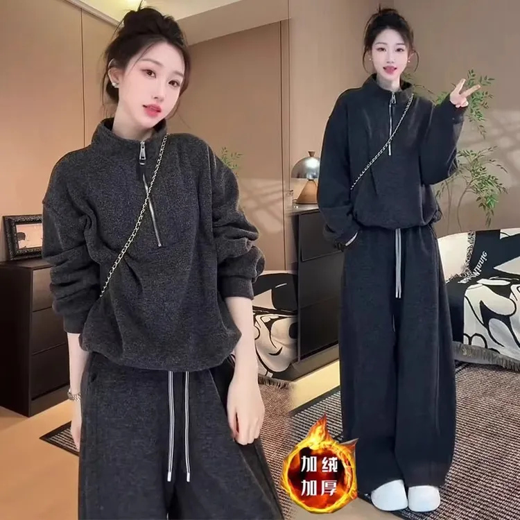 拉夏贝尔加绒加厚休闲风三件套女2025秋冬新款时尚百搭保暖一整套