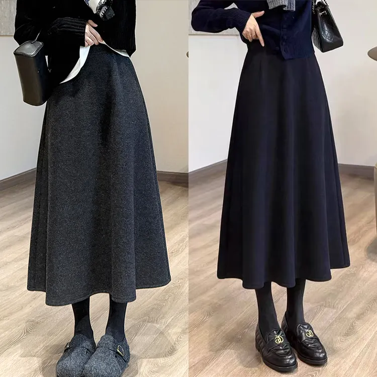 极简毛呢伞裙百搭遮肉显瘦小个子优雅长裙秋冬季保暖口袋半身裙女